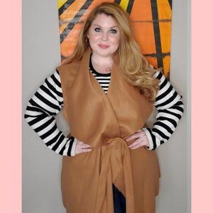 Tan Open Front Belted Coat Vest